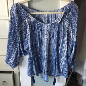 En Creme blue and white blouse with tassel ties